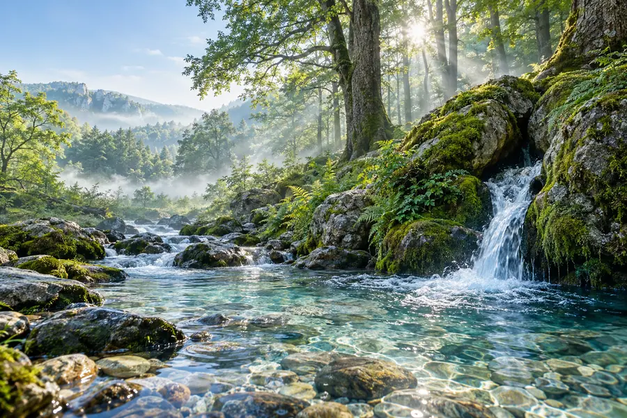 Sabah sisi içinde ormanlık bir kaynak ve berrak dere